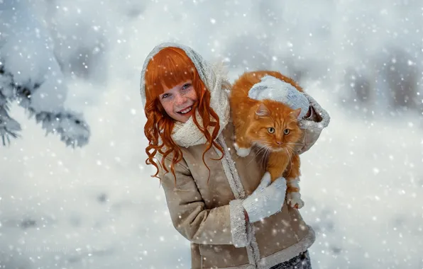 Picture winter, cat, cat, snow, laughter, girl, red, child