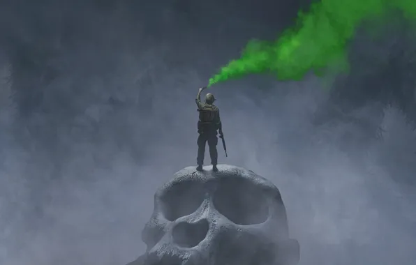 Green, fog, weapons, smoke, skull, fantasy, soldiers, poster