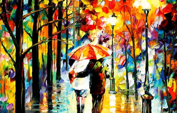 Picture autumn, lights, Park, rain, picture, umbrella, pair, lantern