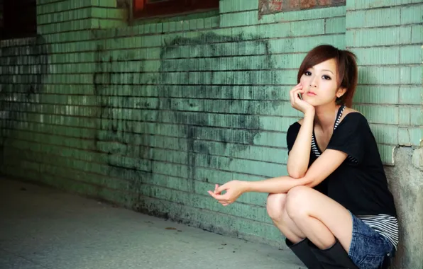 Girl, wall, model, asian, cute, What, Zhang Kaijie
