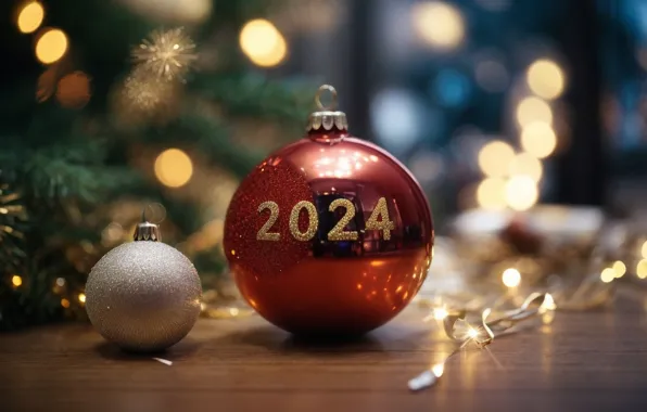 Balls, branches, red, ball, Christmas, figures, New year, needles