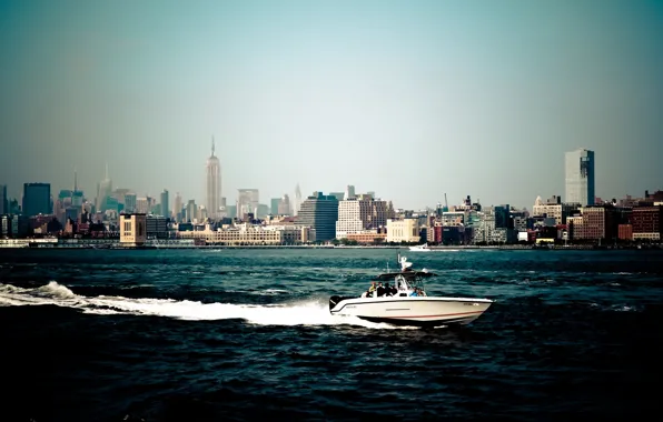 Water, the city, boat, New York, skyscrapers, America, USA, States