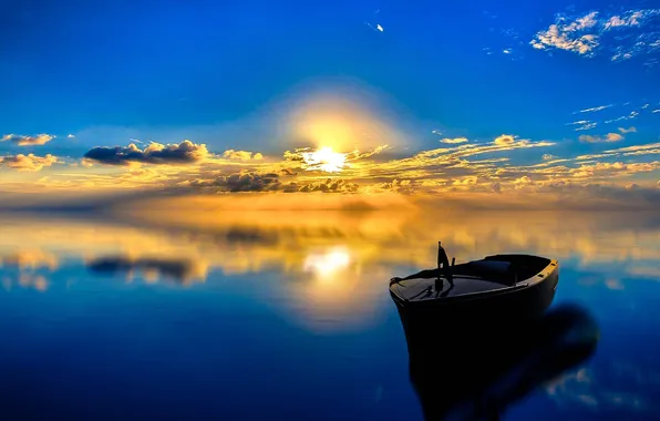 Landscape, sunset, lake, reflection, boat