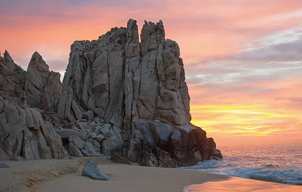 Sand, sea, beach, stones, rocks, dawn, shore, tops