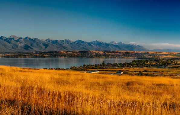 Picture autumn, the sky, grass, the sun, trees, mountains, lake, field