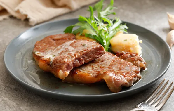 Greens, steak, Cutlery