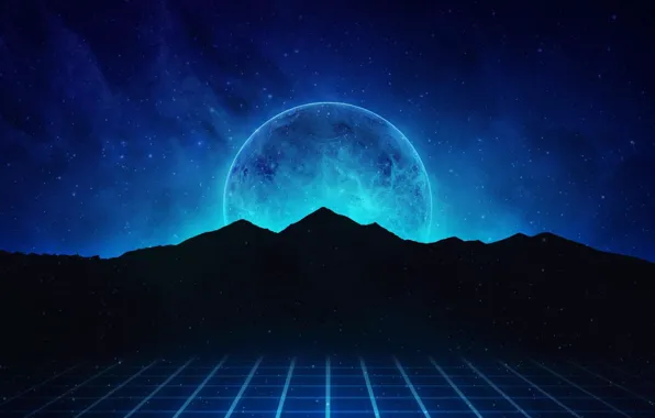 Picture Mountains, Music, Stars, Neon, Planet, Hills, Background, Synthpop