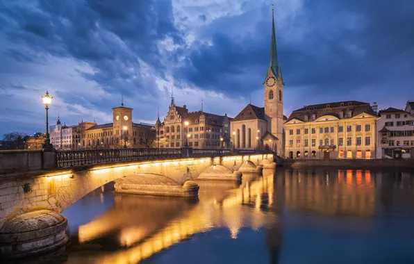 The sky, clouds, bridge, lights, river, watch, tower, home