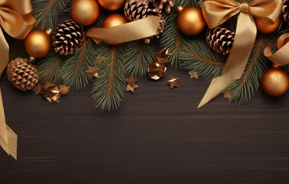 Decoration, the dark background, balls, frame, New Year, Christmas, dark, golden