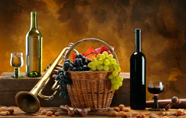 Wine, red, white, basket, pipe, grapes, nuts