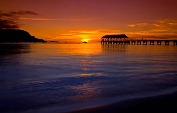 Sunset, shore, pier, water surface