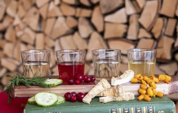 Cucumber, alcohol, book, vodka, cuts, sea buckthorn, cranberry