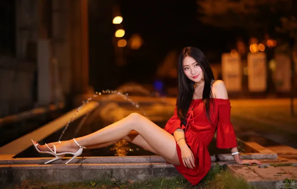 Asian, red dress, high heels, blur bokeh, sitting sideways