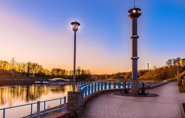 Picture river, dawn, lantern, promenade, Belarus, Grodno