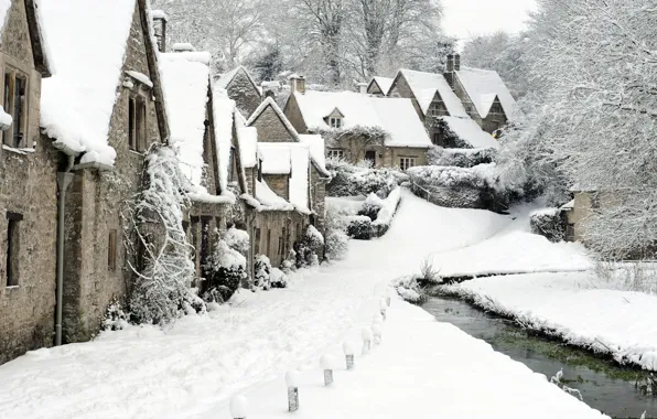 Winter, snow, England, village, Bibury