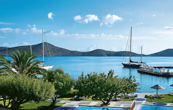 Sea, ships, Greece, resort, promenade, Crete, Brigantine Banyan resort, Porto Elounda golf and spa resort