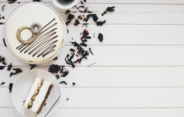 Chocolate, cake, cake, cream, dessert, wood, leaves, tea