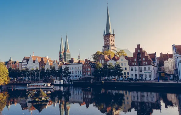 Picture reflection, boat, Germany, mirror, channel, Lubeck, Church. solar