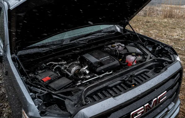 Picture pickup, motor, 2018, GMC, Sierra, Crew Cab, under the hood, 2019