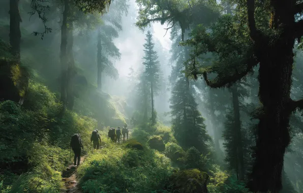 Forest, fog, people, trail, group, tourists, AI art, neural network
