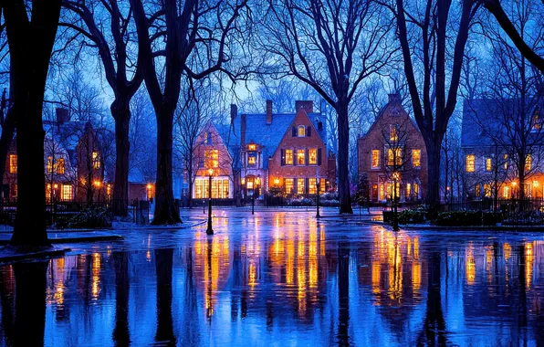 Water, trees, landscape, night, branches, nature, the city, lights