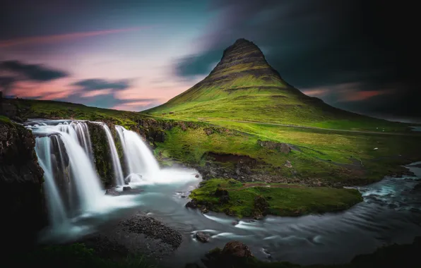 Mountains, shore, waterfall, stream, the volcano, Iceland