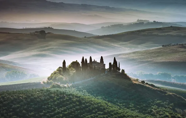 Field, fog, house, hills, the slopes, view, field, dal