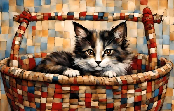 Cat, look, pose, kitty, face, basket, sitting in a basket, AI art