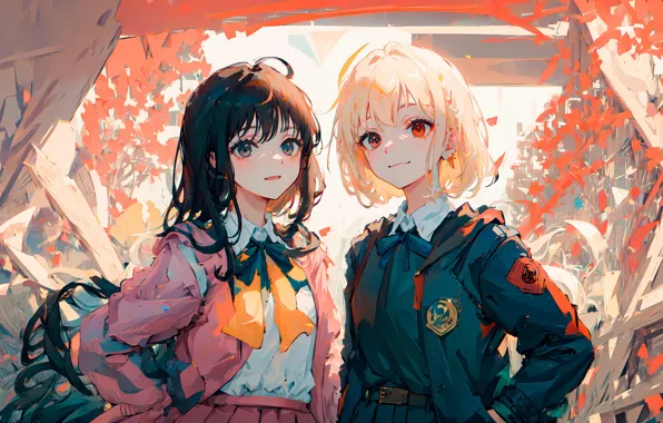 Anime, brunette, blonde, anime, the animated series, girlfriend, animated series, Lycoris Recoil