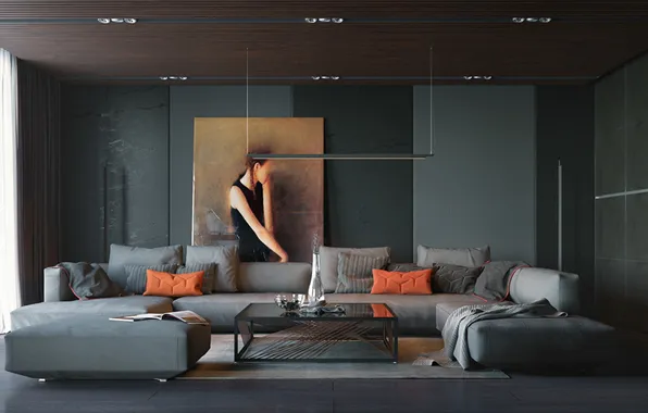 Design, style, room, picture, pillow, living room, upholstered furniture, dark color in the interior