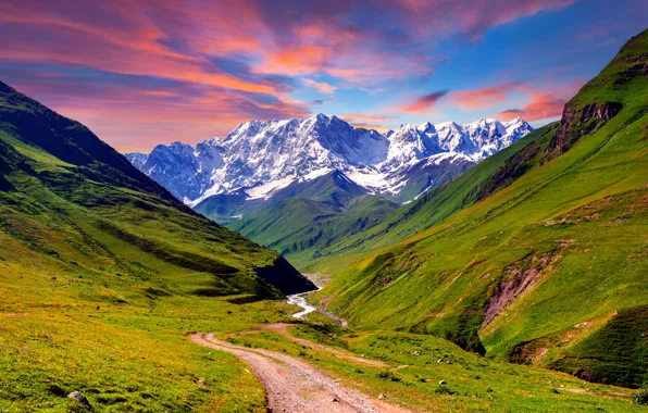 Road, the sky, grass, snow, mountains, meadow, landscape, nature