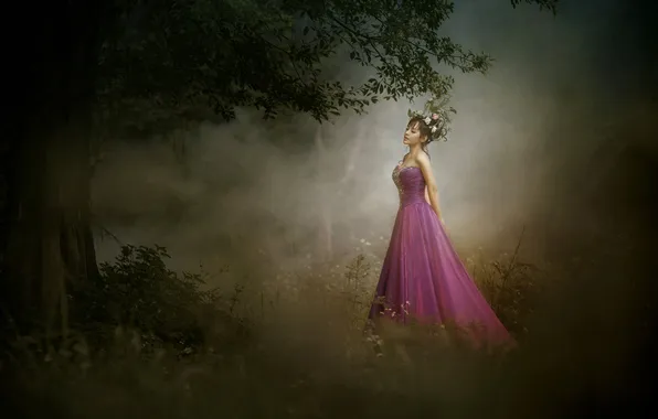 Look, girl, branches, nature, pose, fog, style, tree