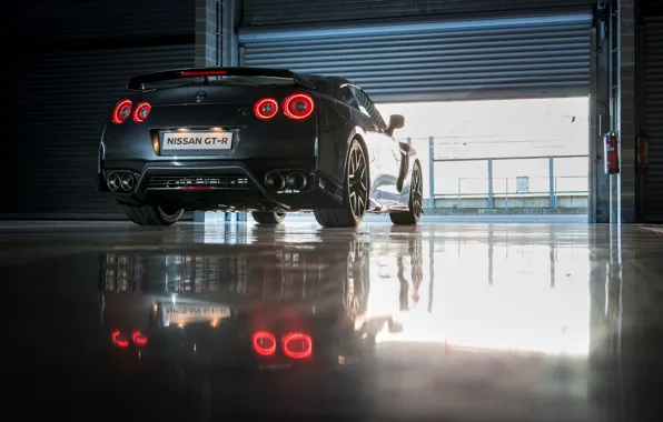 Machine, light, red, reflection, Nissan, GT-R, back, exhausts
