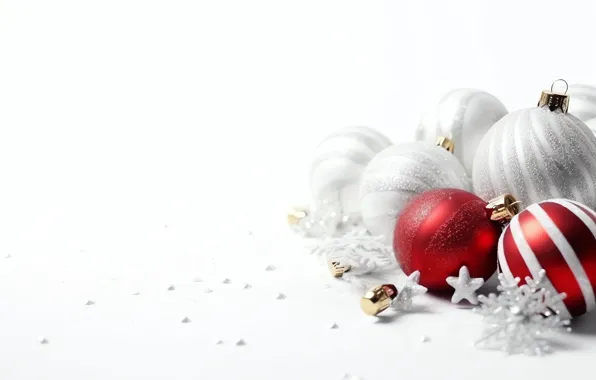 Balls, snowflakes, Christmas, red, white background, New year, white, Christmas decorations