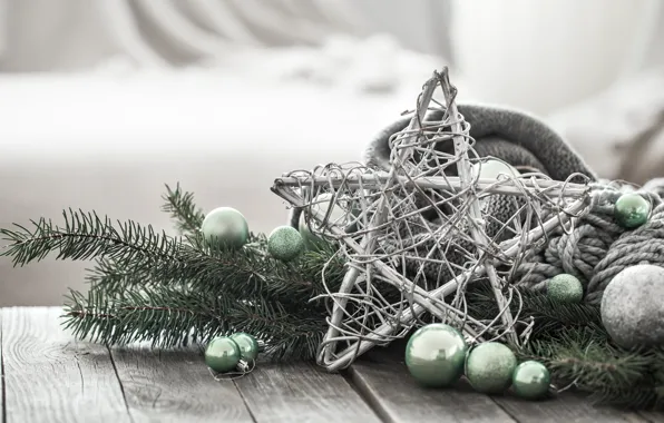 Balls, Board, star, Christmas, New year, decoration, spruce branch