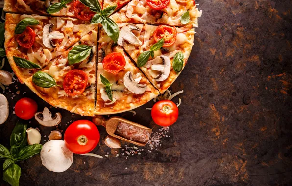 Mushrooms, pieces, pizza, tomatoes, spices, mushrooms, Basil