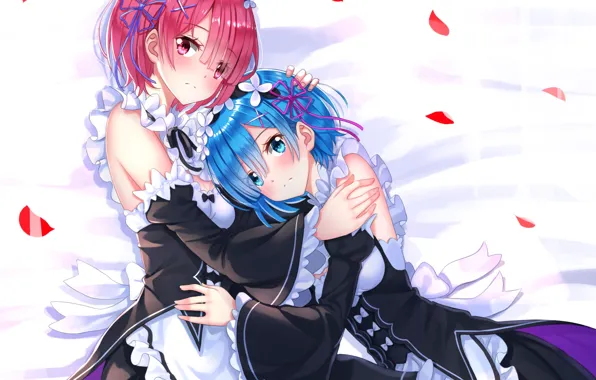 Girls, anime, art, sisters, Ram, Rem, Re: Zero kara hajime chip isek or Seikatsu
