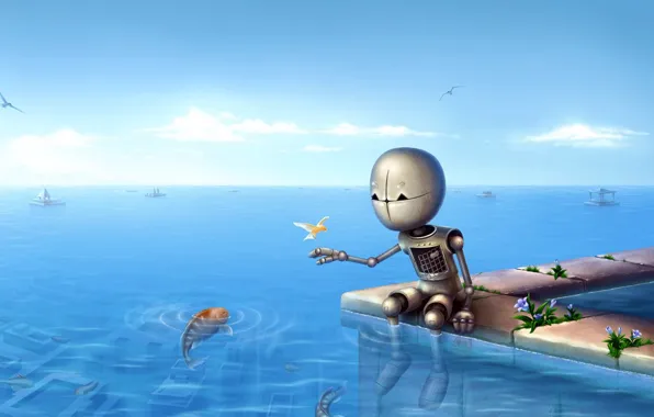 Picture sea, fish, Robot, horizon