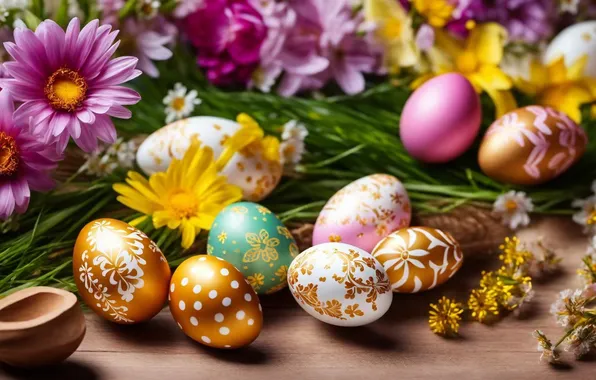 Flowers, eggs, spring, colorful, Easter, happy, flowers, spring