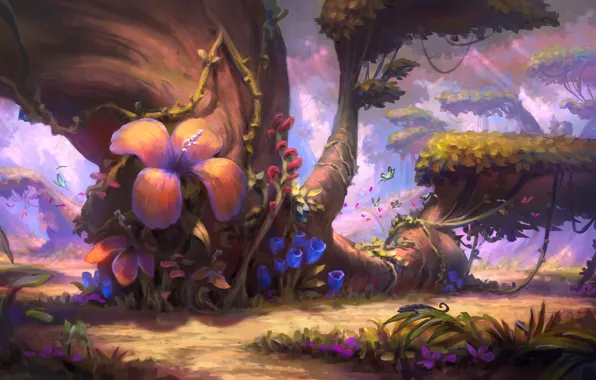 Butterfly, flowers, nature, tree, art, illustration