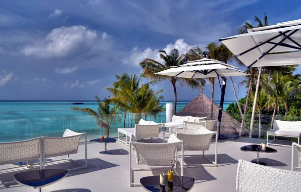 Picture palm trees, stay, furniture, umbrellas, The Maldives