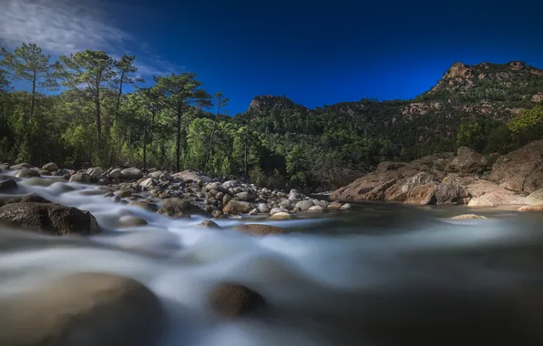 Trees, mountains, river, stones, France, France, Corsica, Corsica