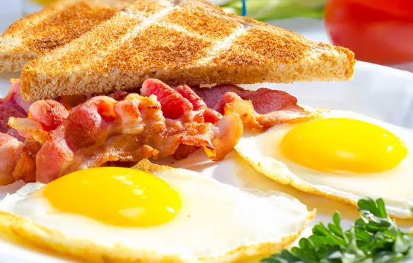 Breakfast, scrambled eggs, bacon, toast, breakfast