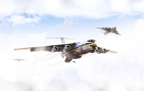 The sky, Flight, Three, Ukraine, The plane, The Il-76, Ilyushin, Landing
