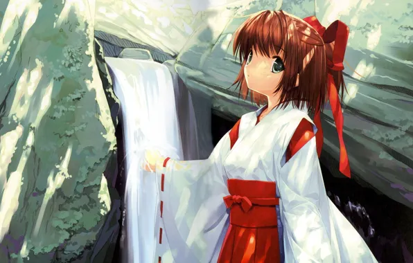 Stones, waterfall, girl, kimono, priestess, red ribbon, by Ueda Ryou