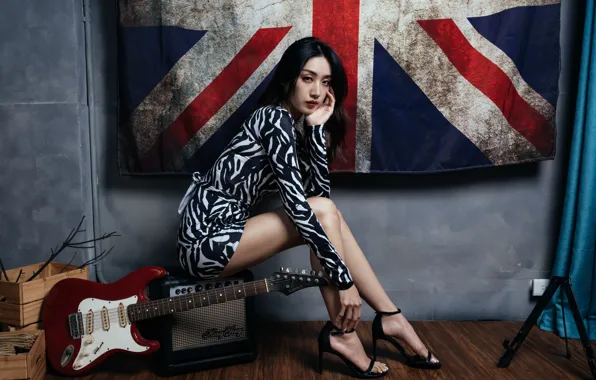 Girl, guitar, flag
