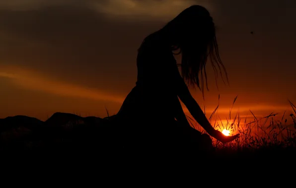 GIRL, HAIR, The SUN, SUNSET, SILHOUETTE, PALM