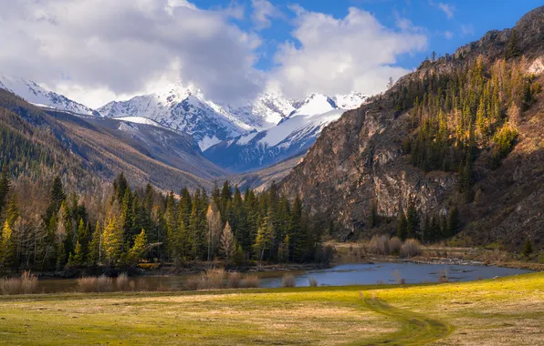 Field, autumn, forest, clouds, snow, mountains, lake, blue