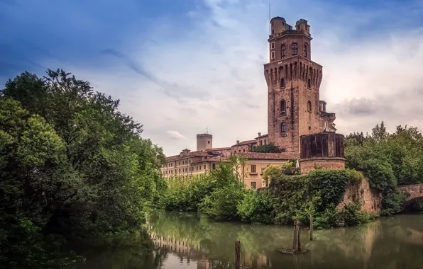 Picture the sky, clouds, trees, river, the building, tower, Italy, Astronomical Observatory Padova
