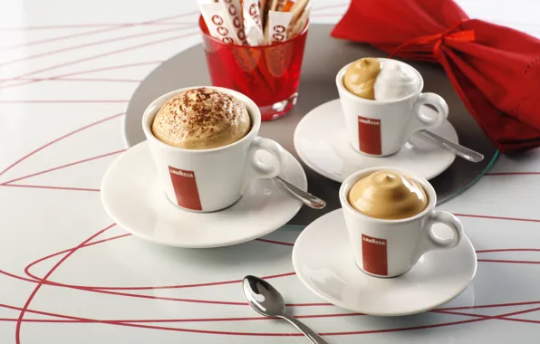 Picture coffee, Cup, sugar, drink, foam, napkin, saucers, spoon